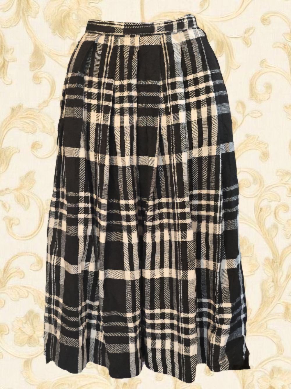 Vintage Rafaella Italian Cotton Black & White Plaid Pleated Midi Skirt | Size 4